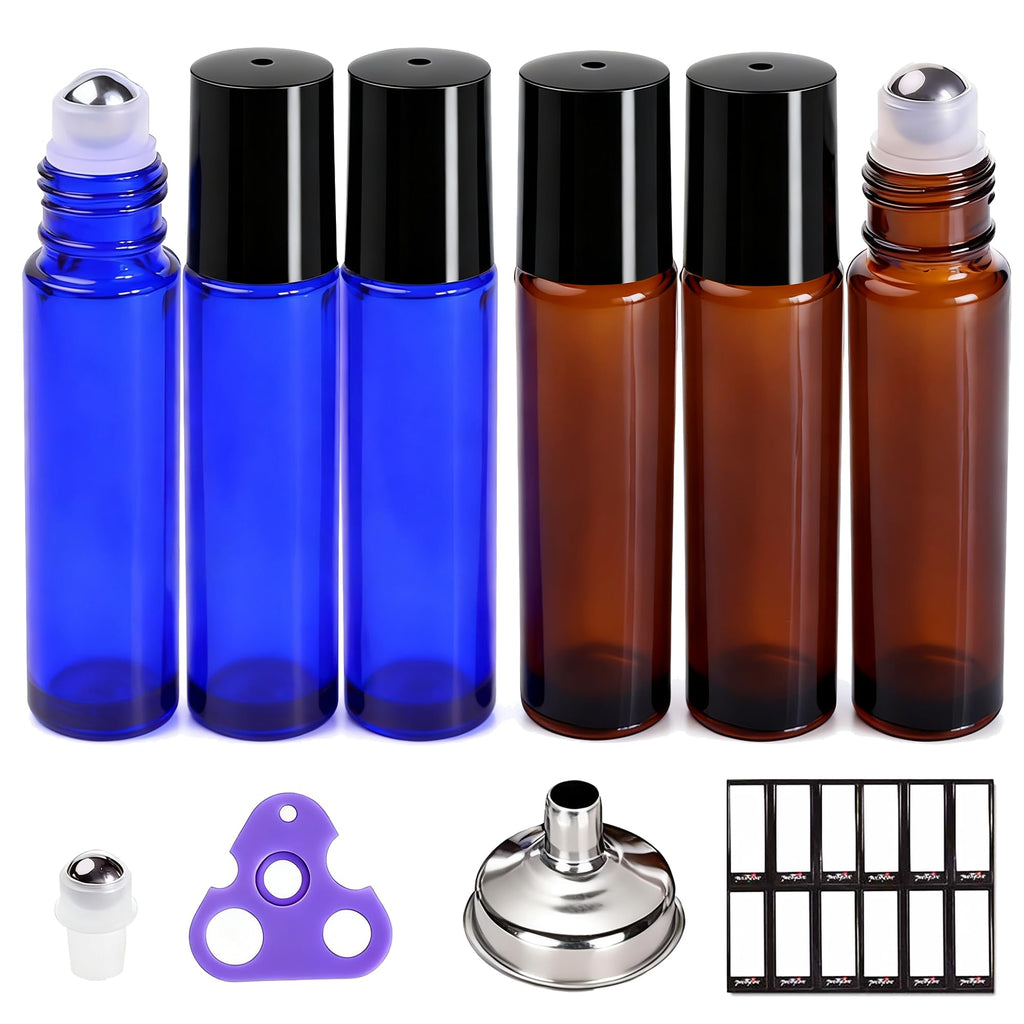 PrettyCare 4 Pack Amber Glass Oil Roller Bottles for Essential Oils 10ml, Roll On Bottles with Stainless Steel Roller Ball Leak-Proof Perfume Travel Refillable Bottle Empty, Beauty & Personal Care