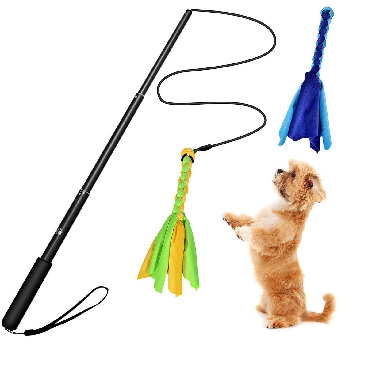 Extendable Dog Flirt Pole with Lure 10.23-26.77in Teaser Wand with 2 Replaceable Interactive Tail Toys For Small Medium Large Dogs Training Exercise T