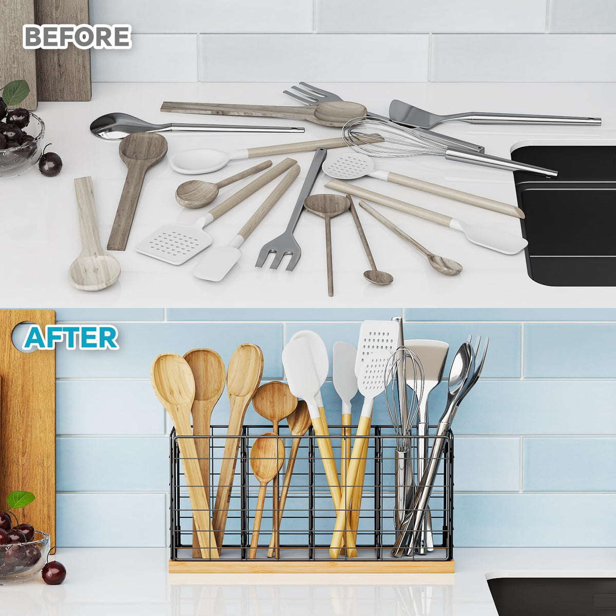 Metal Kitchen Utensil Holder with 4 Adjustable Compartments & Fast-Drying Base