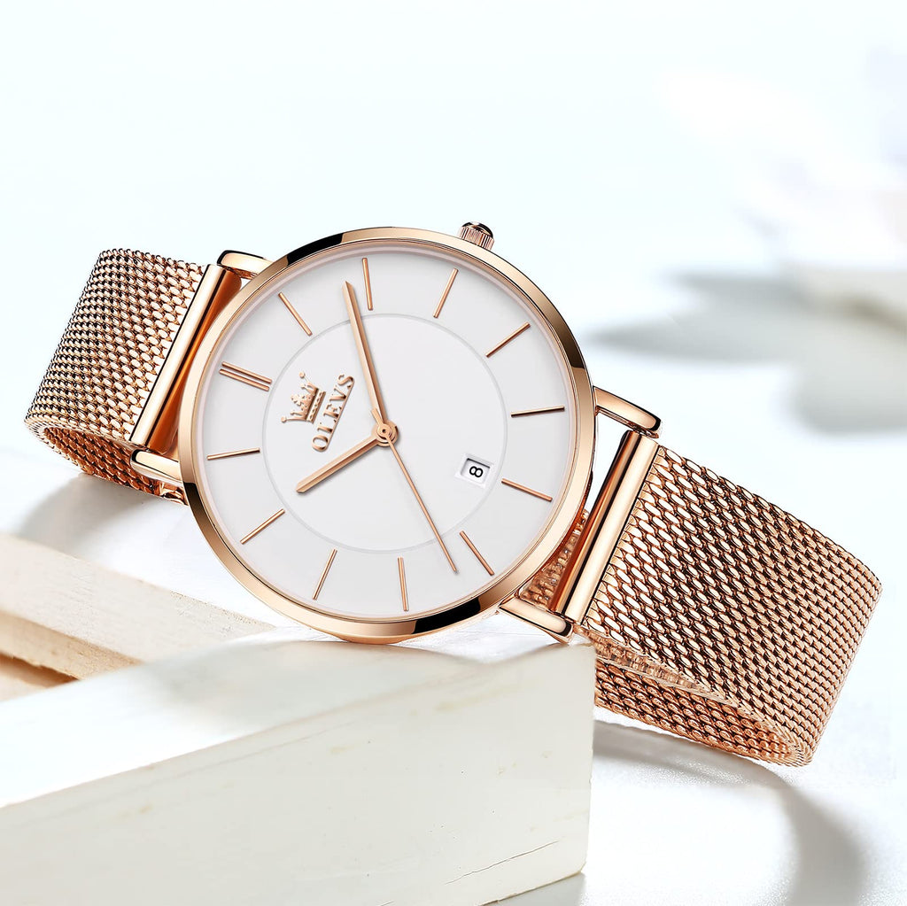 OLEVS Women's Mesh Bracelet Watch, Elegant Large Face Three Hand Analog Quartz Womens Wristwatch, Pretty Slim Date Display Waterproof Ladies Watches for Small Wrists