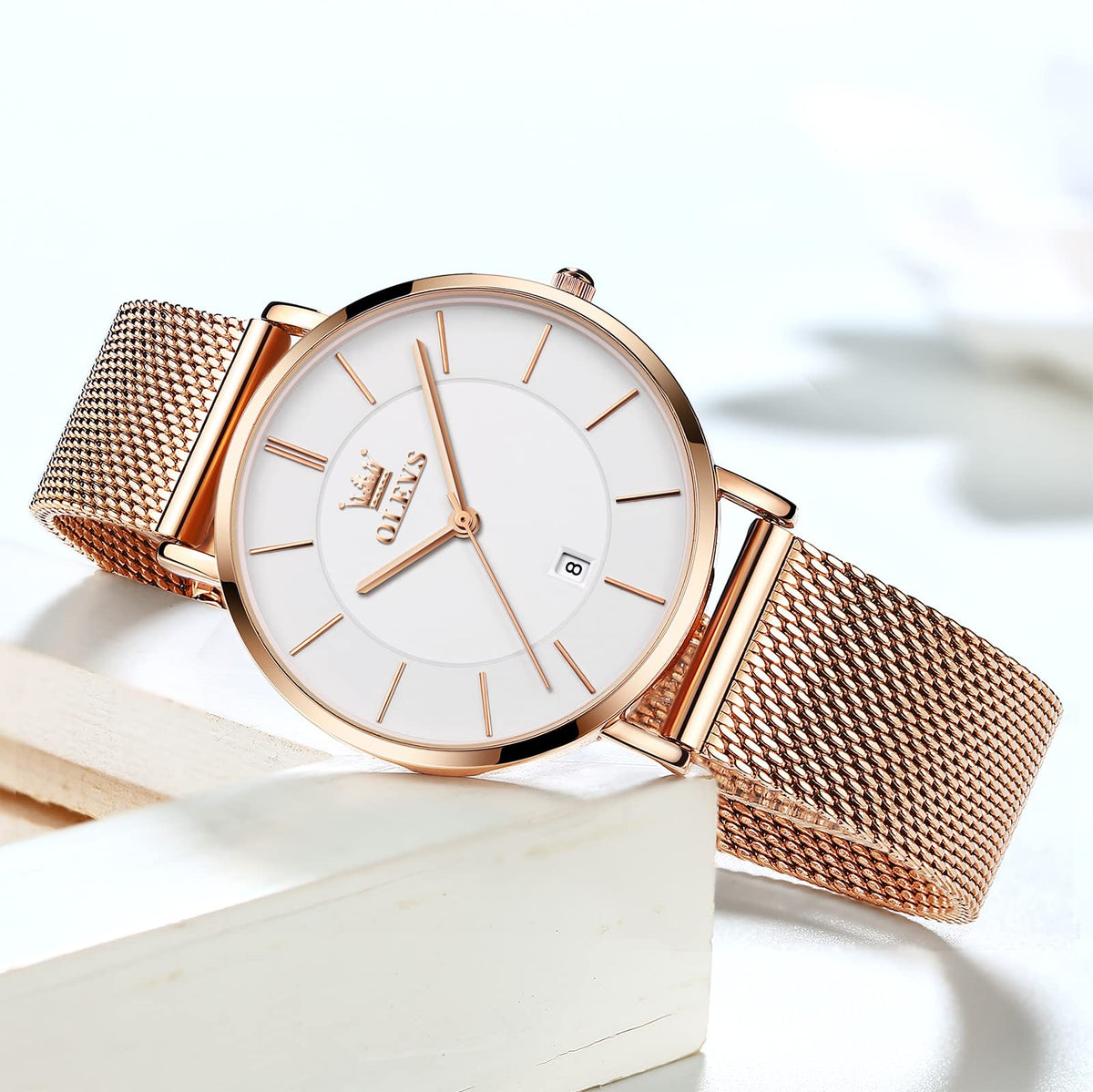 OLEVS Women's Mesh Bracelet Watch, Elegant Large Face Three Hand Analog Quartz Womens Wristwatch, Pretty Slim Date Display Waterproof Ladies Watches for Small Wrists