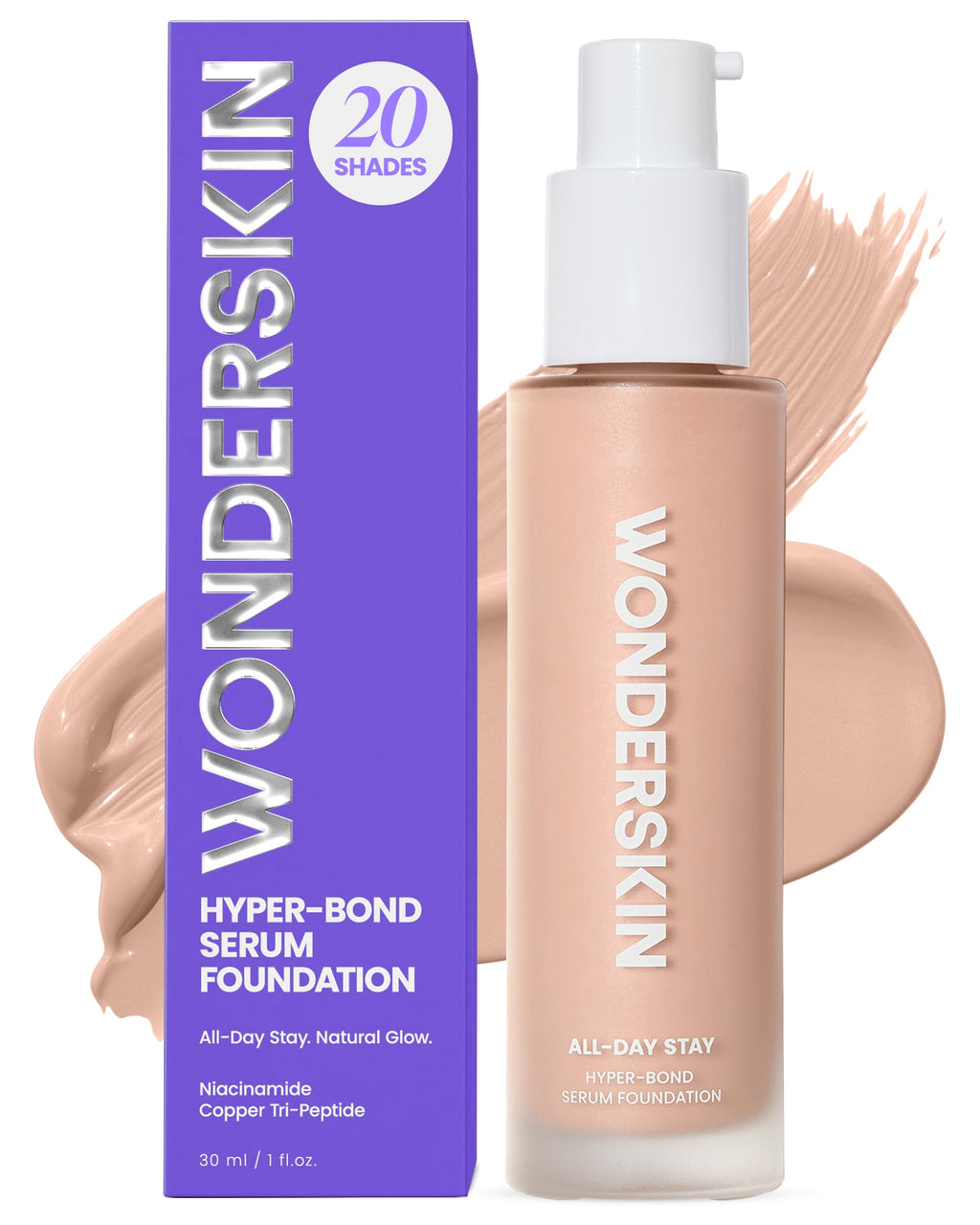 Wonderskin Hyper Bond All-Day Stay Serum Foundation – Waterproof, Transfer-Proof, 24HR Longwear Face Makeup with Niacinamide & Hyaluronic Acid – Lightweight, Natural Finish (Echo)