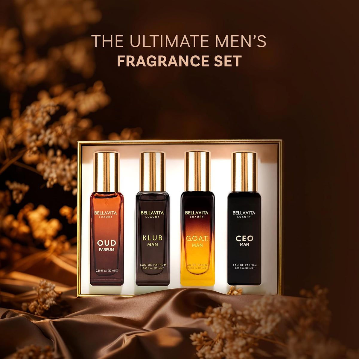 BellaVita Luxury Men's Perfume Gift Set with CEO Man, G.O.A.T., KLUB & OUD | 4 x 20ml (80ml) | Long Lasting Perfume for Men | Citrus, Woody, Patchouli & Caramel Notes | Gift for Father's Day
