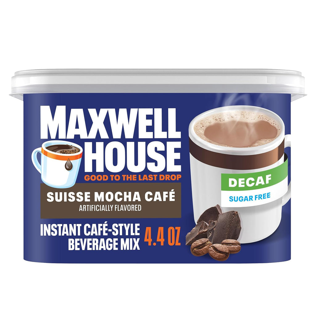 Maxwell House Instant Cafe-Style Beverage Mix, Decaf and Sugar Free, Easy to Prepare, 1 Canister, for Quick Morning Coffee or Afternoon Treat, Suisse Mocha Cafe, Kosher Dairy, 4.4 oz