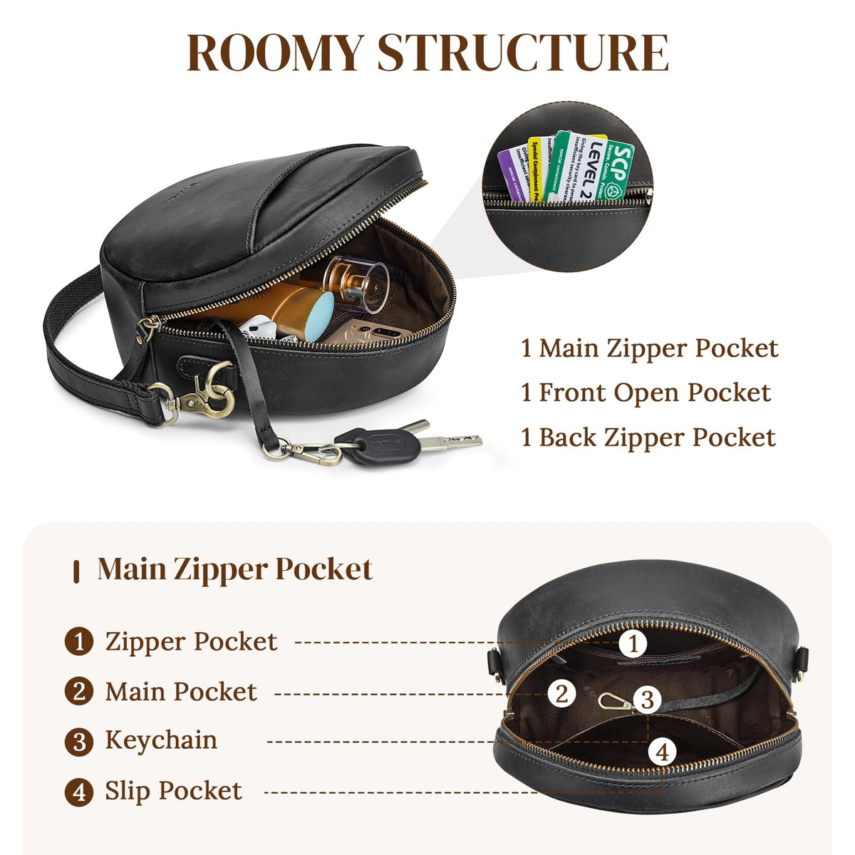 S-ZONE Leather Crossbody Bags for Women Circle Shoulder Round Purse Travel | Top Grain Leather, Keychain, Designer Handbag, Vintage, Multi Pockets, Detachable Strap, Eveyday Outing