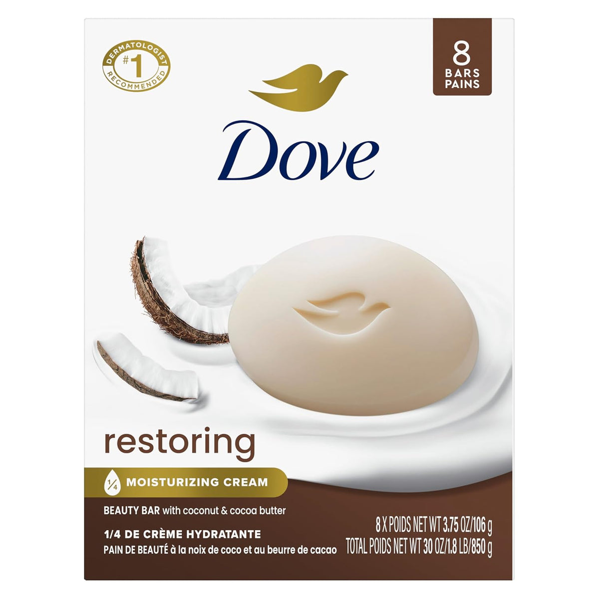 Dove Beauty Bar Soap Restoring Coconut & Cocoa Butter, 8 Bars for Restored Skin, Nourishes Skin 3.75 oz