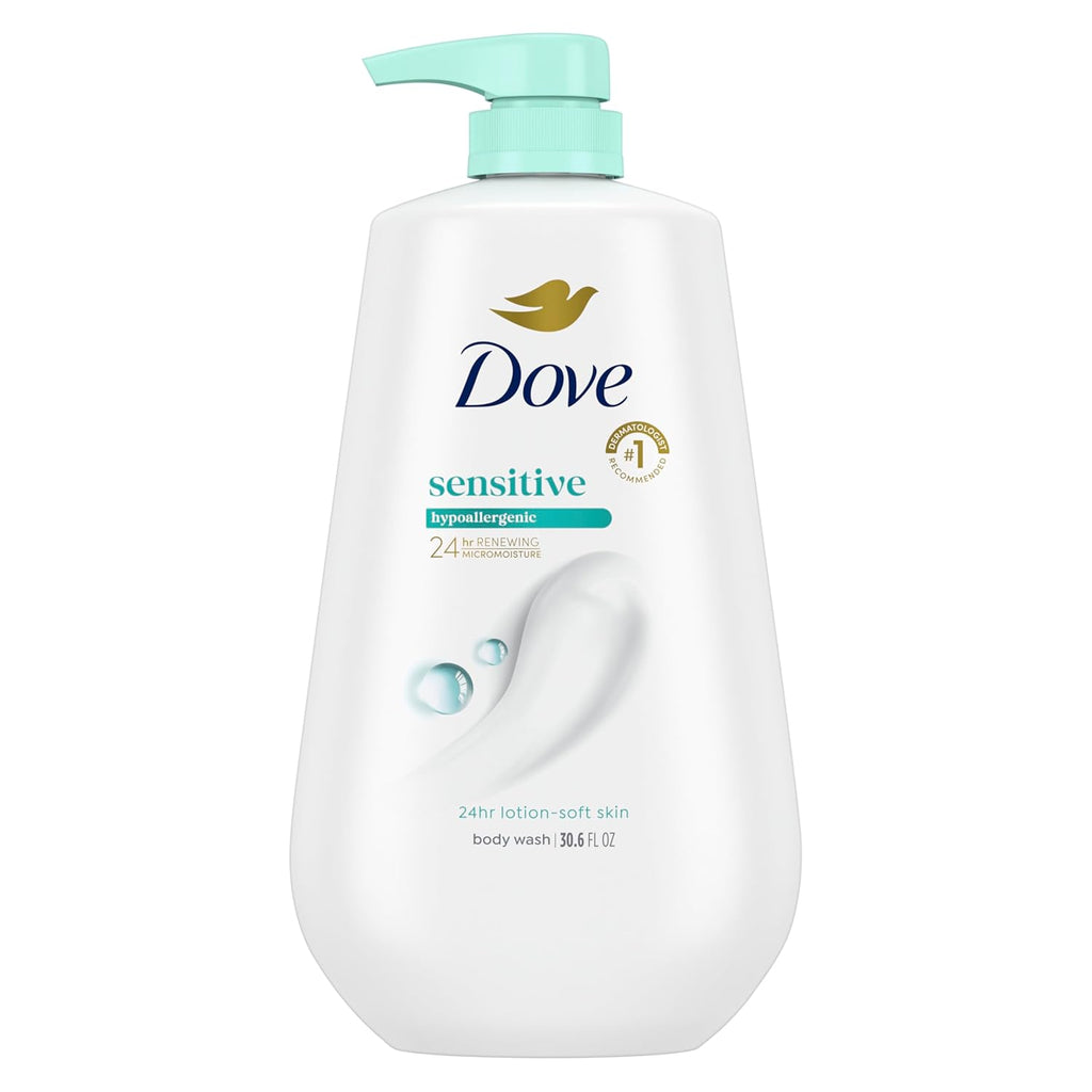 Dove Body Wash with Pump Sensitive Skin For 24hr Lotion-Soft Skin Moisturizing Skin Cleanser Gentle Hypoallergenic Formula with No Sulfates No Parabens 30.6 oz