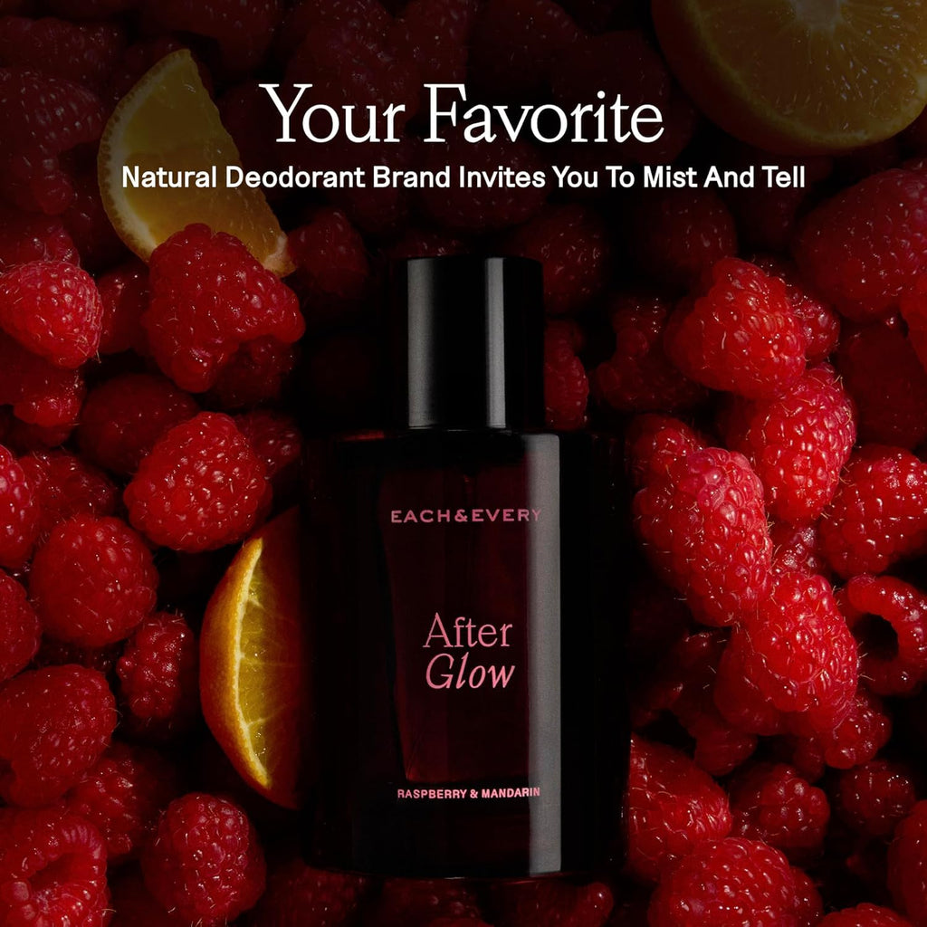 Each & Every After Glow Trio - Body Wash 16.5 Fl Oz, Natural Hair & Body Mist, Aluminum Free Deodorant 2.5 oz, Hydrating Cleanse, Odor Protection & Fresh Scent, Raspberry & Mandarin