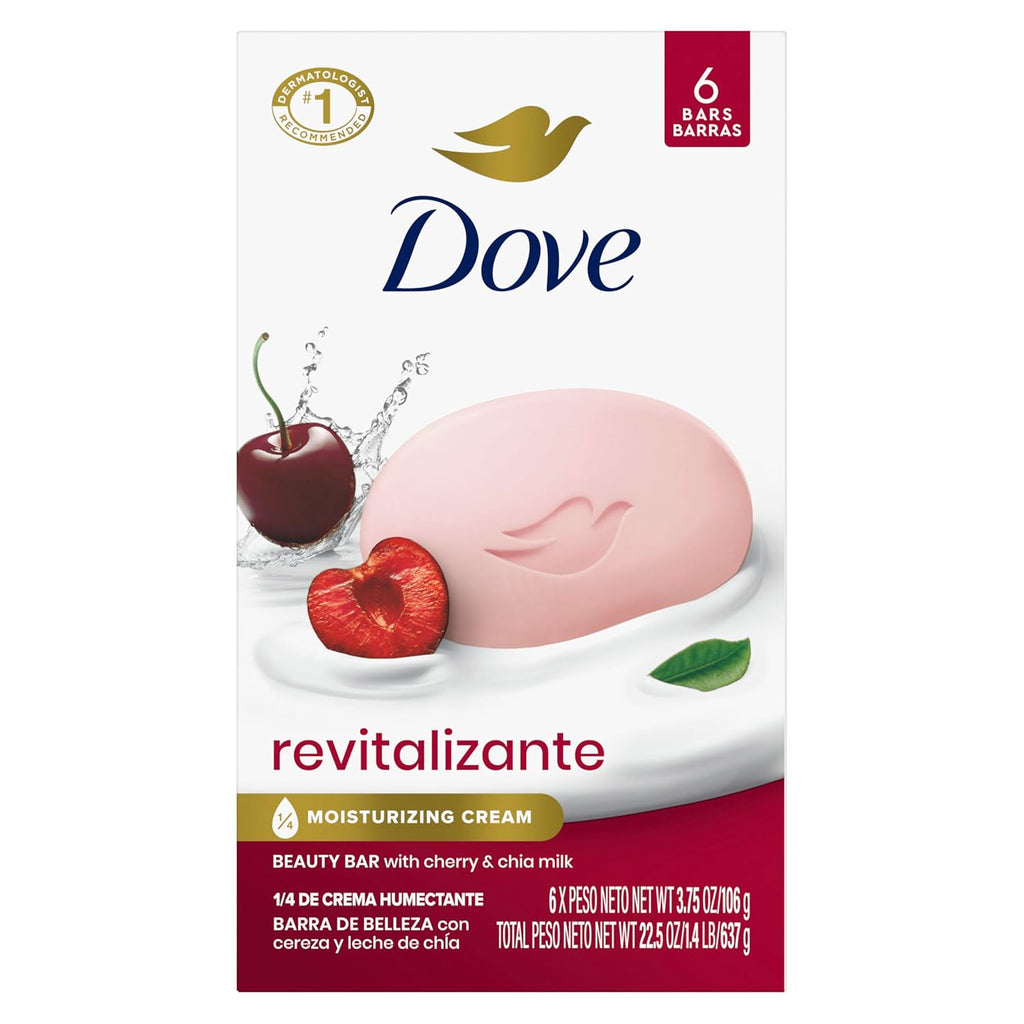 Dove Beauty Bar Soap Revitalizante Cherry & Chia Milk, for Revitalized Skin, 6 Bars A Skin Energy Boost 3.75 oz