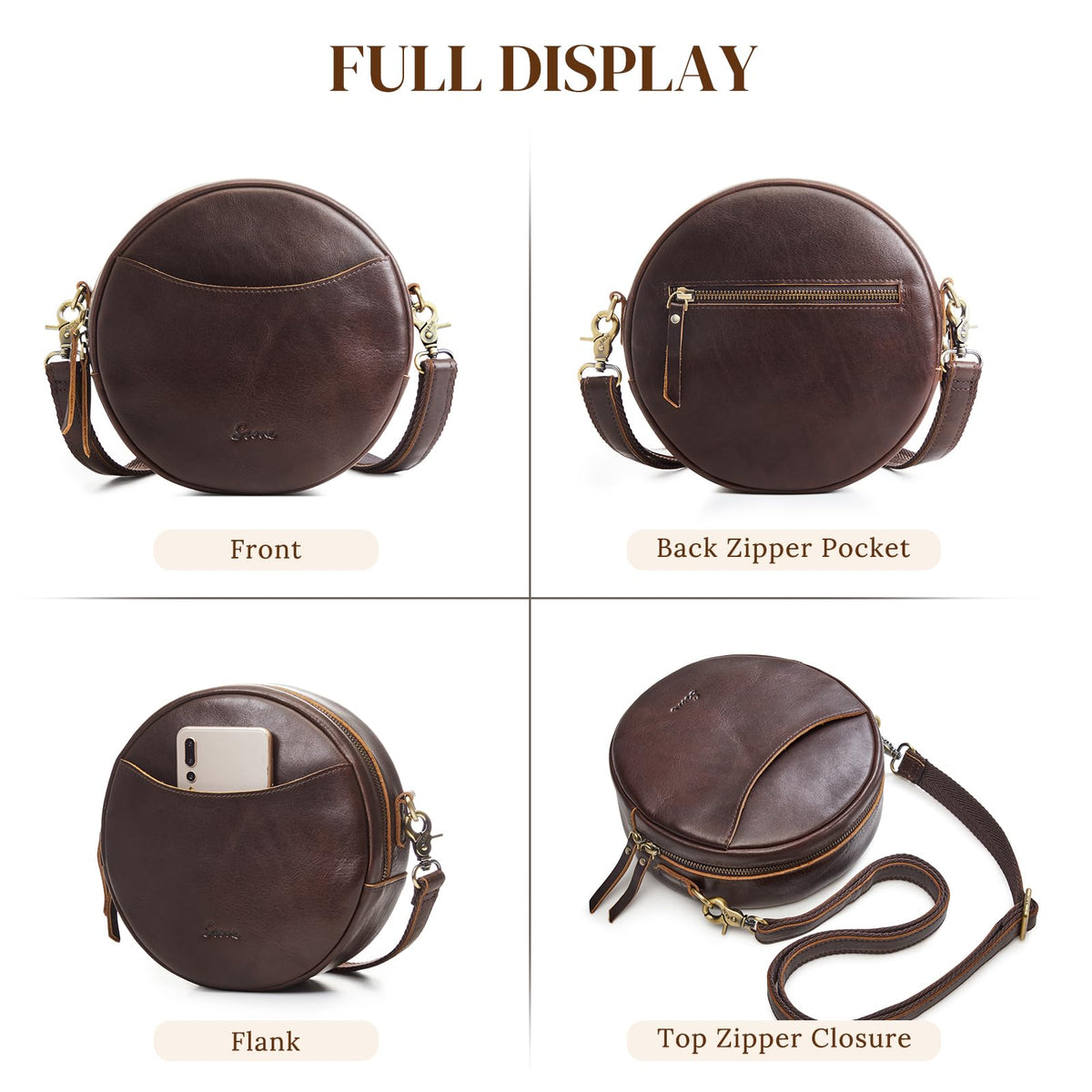 S-ZONE Leather Crossbody Bags for Women Circle Shoulder Round Purse Travel | Top Grain Leather, Keychain, Designer Handbag, Vintage, Multi Pockets, Detachable Strap, Eveyday Outing