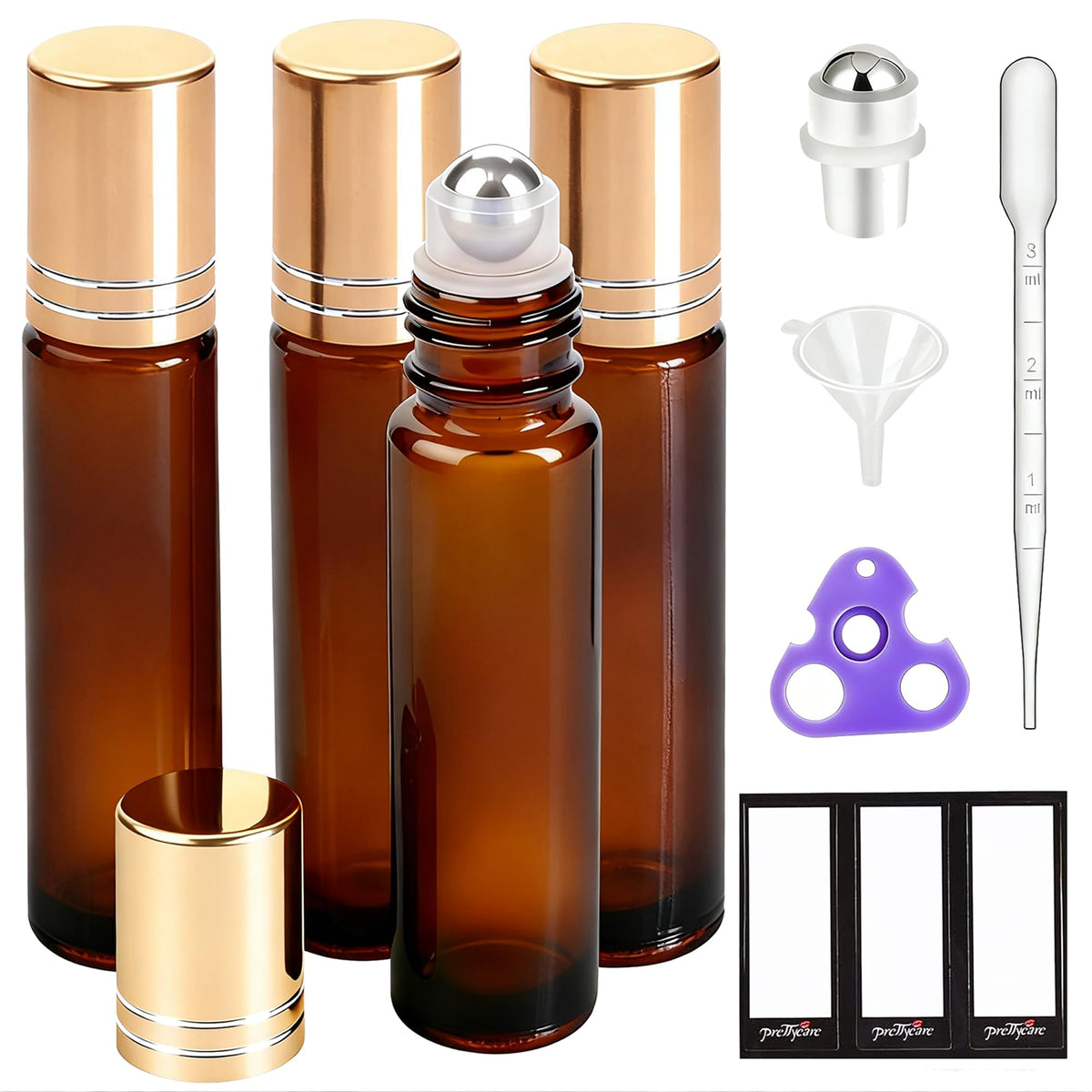 PrettyCare 4 Pack Amber Glass Oil Roller Bottles for Essential Oils 10ml, Roll On Bottles with Stainless Steel Roller Ball Leak-Proof Perfume Travel Refillable Bottle Empty, Beauty & Personal Care
