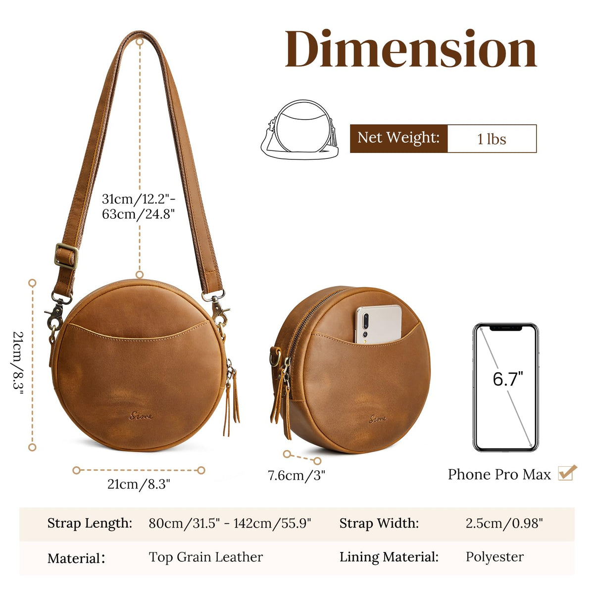S-ZONE Leather Crossbody Bags for Women Circle Shoulder Round Purse Travel | Top Grain Leather, Keychain, Designer Handbag, Vintage, Multi Pockets, Detachable Strap, Eveyday Outing