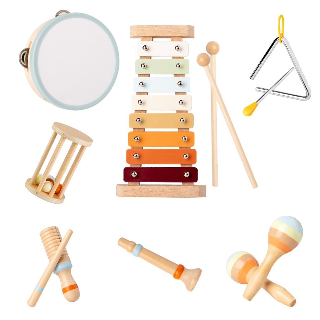 8Pcs Toddler Musical Toys Wooden Montessori Musical Instruments with Xylophone Tambourine Maracas for Boys Girls Aged 3 4 5 Years Old