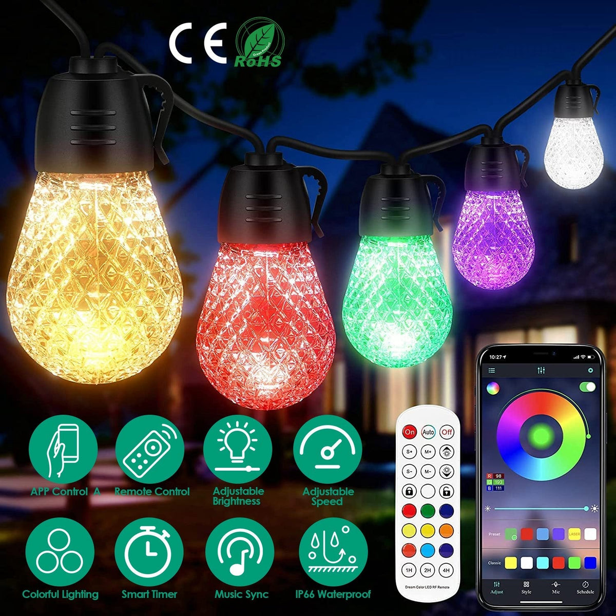 52.5FT Colorful Outdoor String Lights Smart RGB LED Patio Lights IP66 Waterproof Dimmable Hanging Light Bulbs with APP/ Remote Control 15 Bulbs