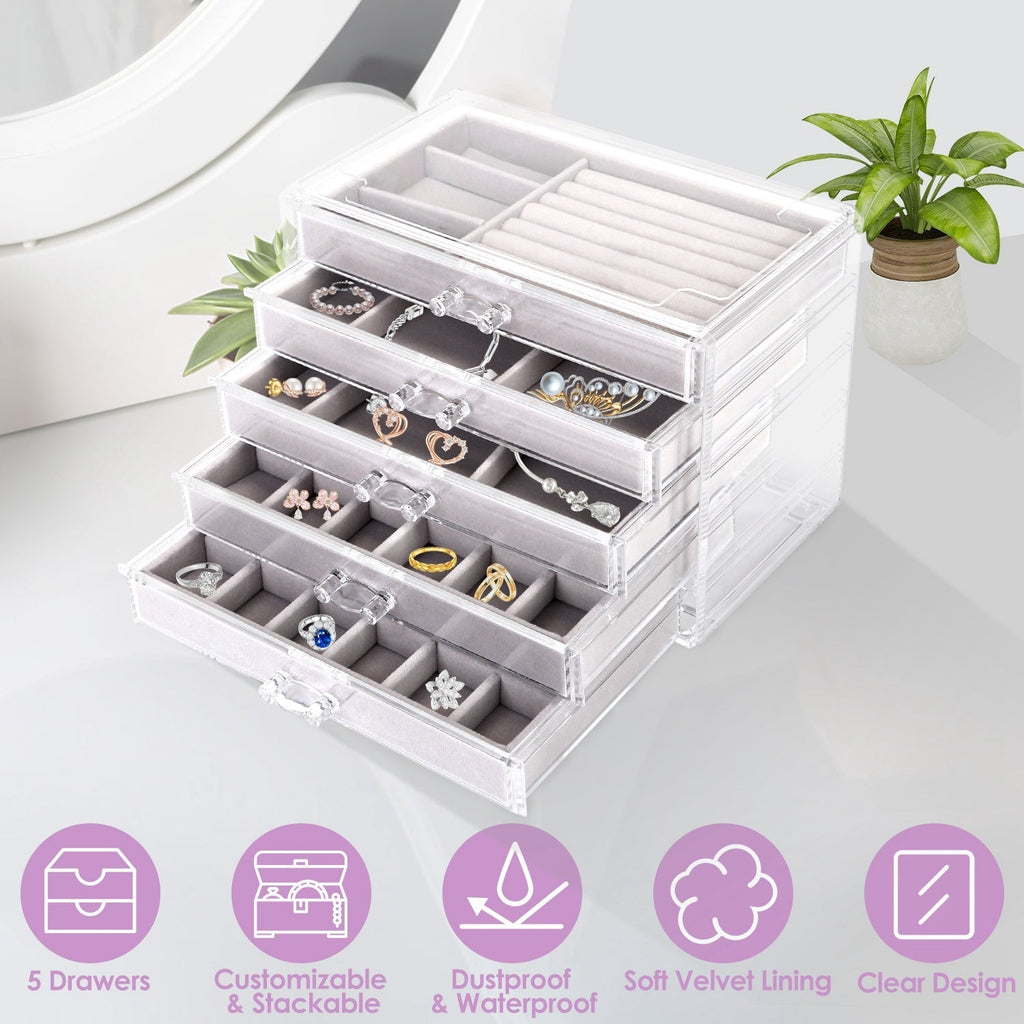 Clear Acrylic Jewelry Box Organizer with 5 Drawers Stackable Jewelry Holder Velvet Storage Case for Earrings Rings Bracelets Necklaces Ideal Gift for