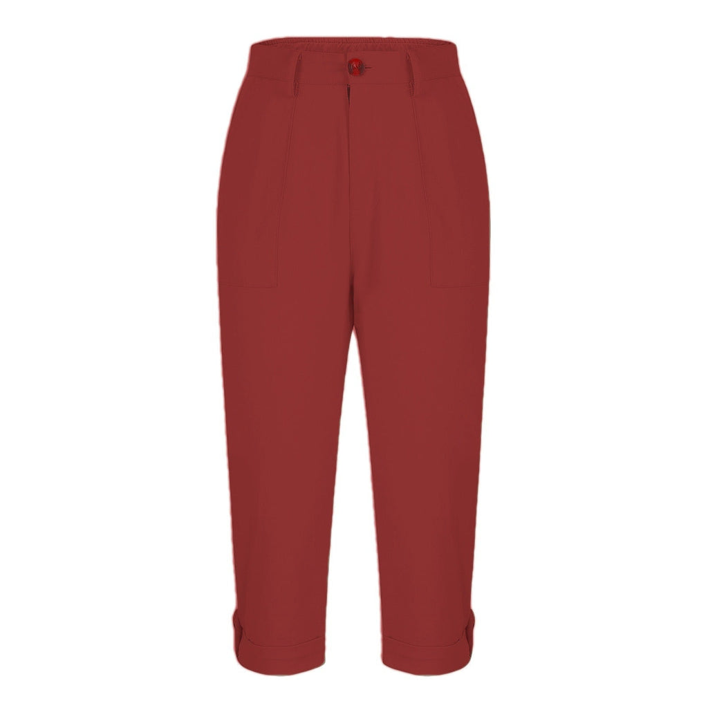 Womens Solid-color Buttoned Roll-up Capri Pants