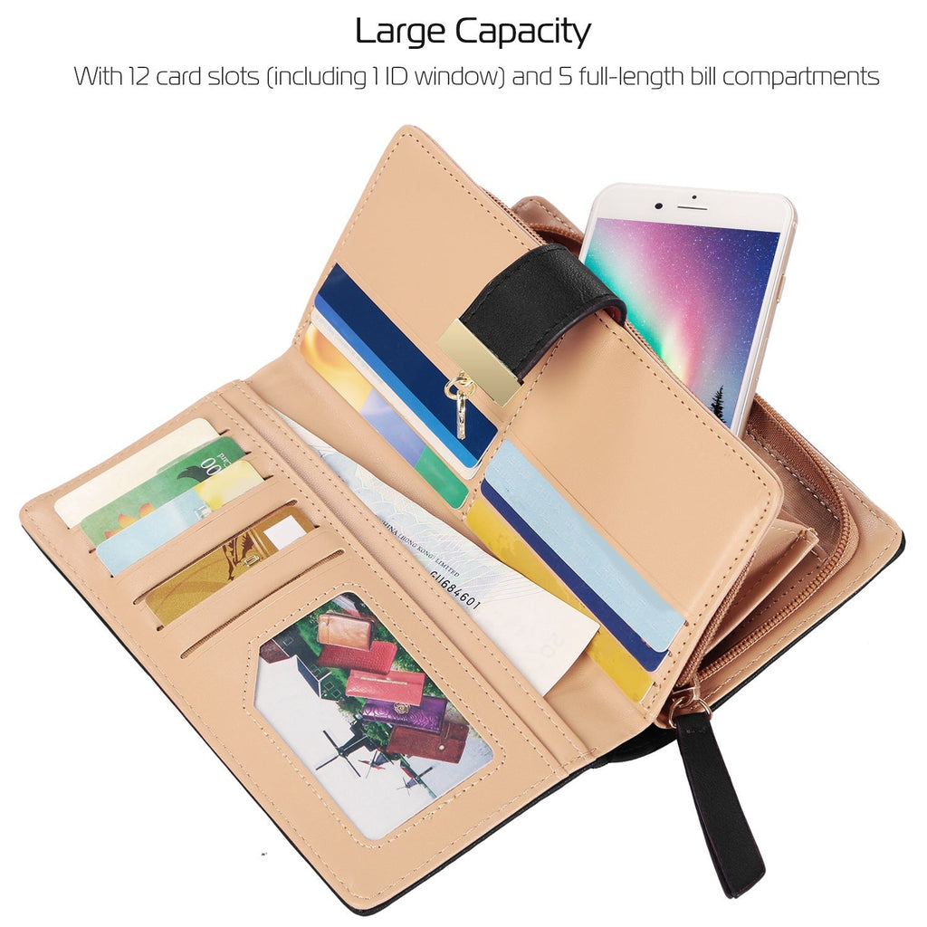 Women Wallet PU Leather Lady Long Purse Phone Clutch Case Credit Card Holder 11 Card Slots 1ID Window 5 Money Pouch