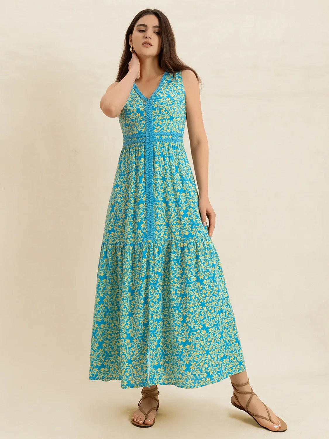 Slit Printed V-Neck Sleeveless Dress
