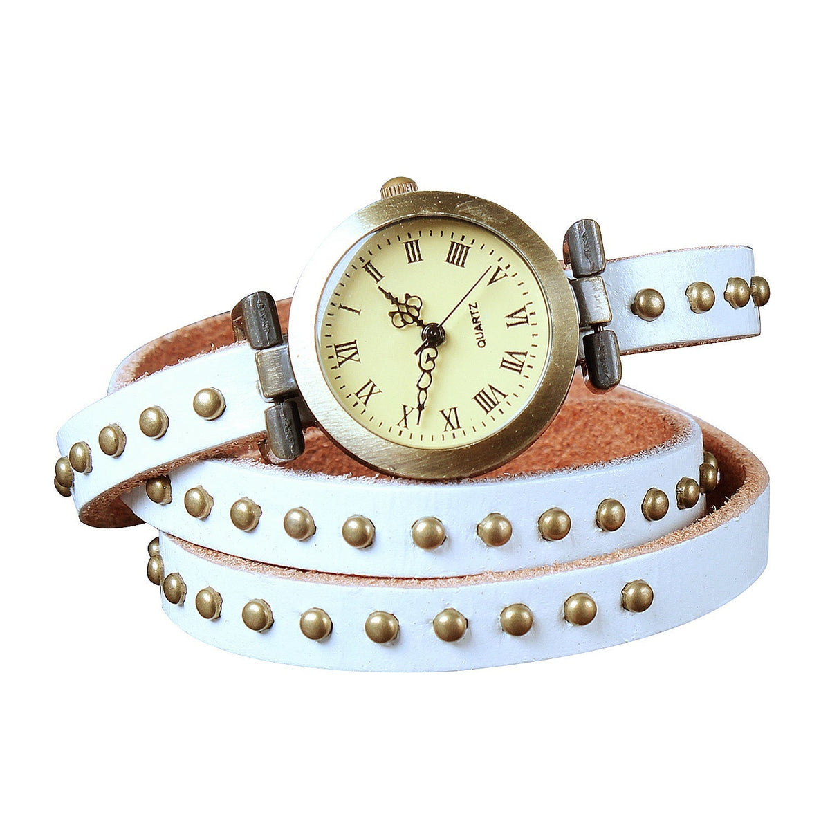 Fashionable Rivet Leather Belt Retro Watch Hand Chain-white