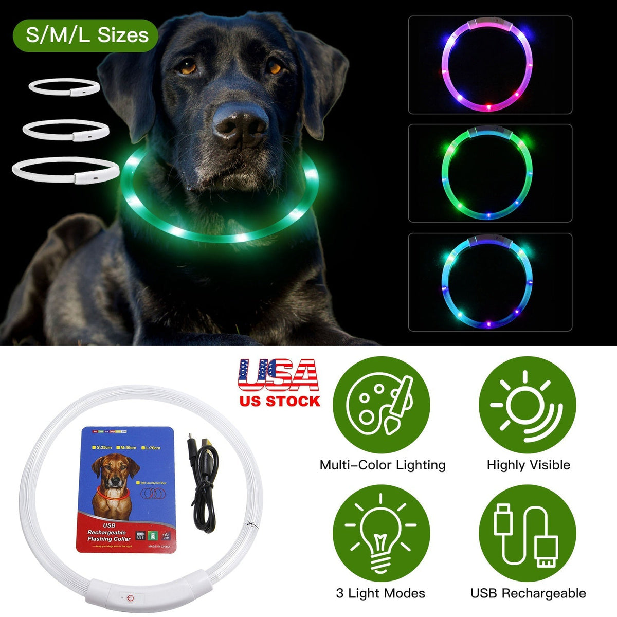 USB Rechargeable LED Dog Collar Multi-Color Lighting Dog Safety Collar Cuttable Length Glow Dog Collar For Small Medium Large Dog Night Walking