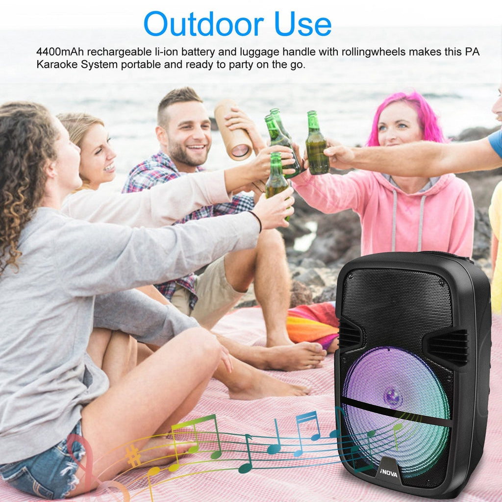 iNOVA Wireless Speaker Portable PA Karaoke System with Wired Microphone 15" Subwoofer Sound System w/ DJ Lights Remote Control