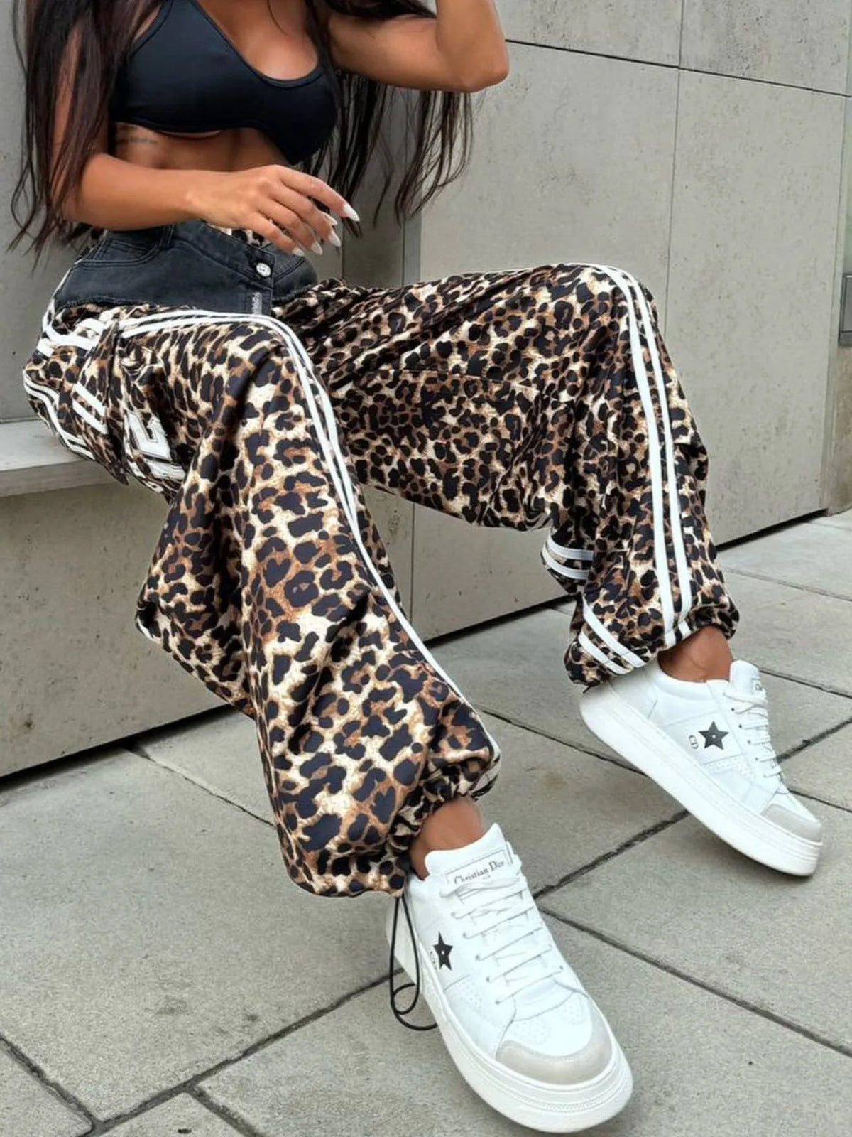 Leopard Print Wide Leg Pants with Side Stripe Detail