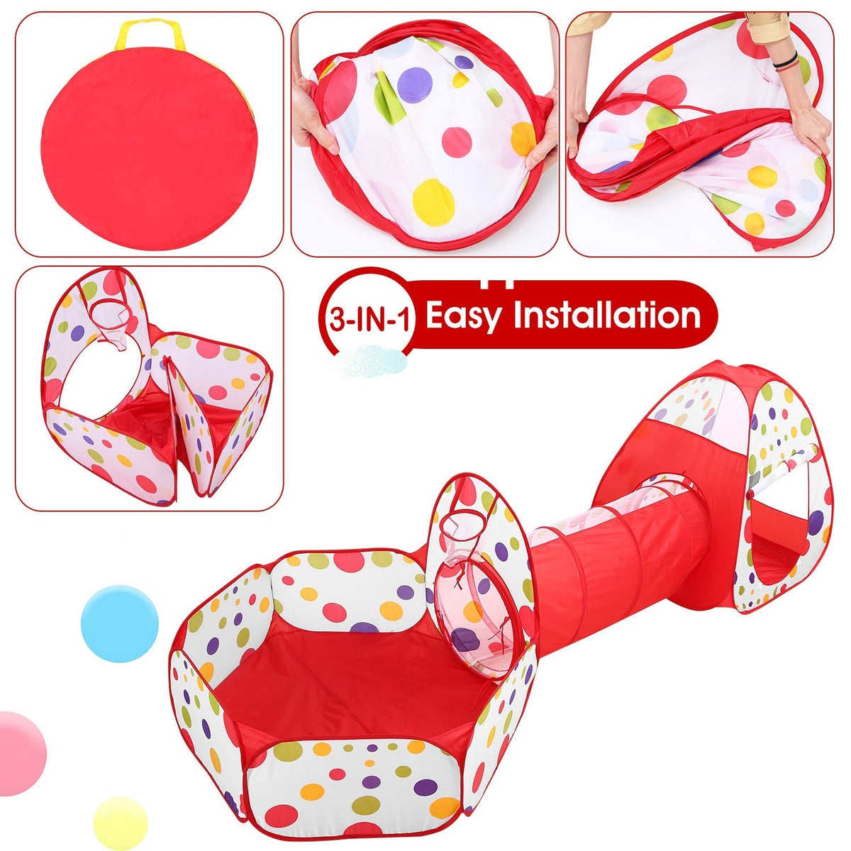 3 In 1 Child Crawl Tunnel Tent Kids Play Tent Ball Pit Set Foldable Children Play House Pop-up Kids Tent w/Storage Bag for Indoor Outdoor Travel Use