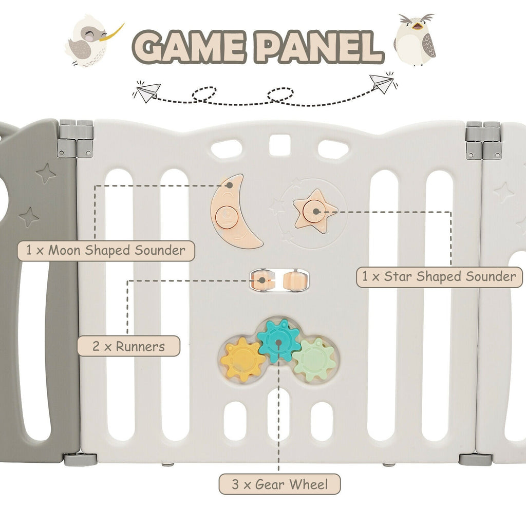 14-Panel Baby Playpen Kids Activity Center Foldable Play Yard with Lock Door-Beige