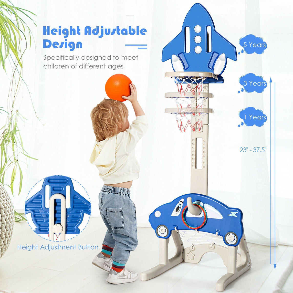 3-in-1 Basketball Hoop for Kids with Balls-Blue