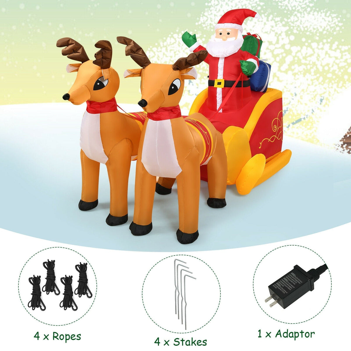 7.5 Feet Waterproof Outdoor Inflatable Santa with Double Deer and Sled