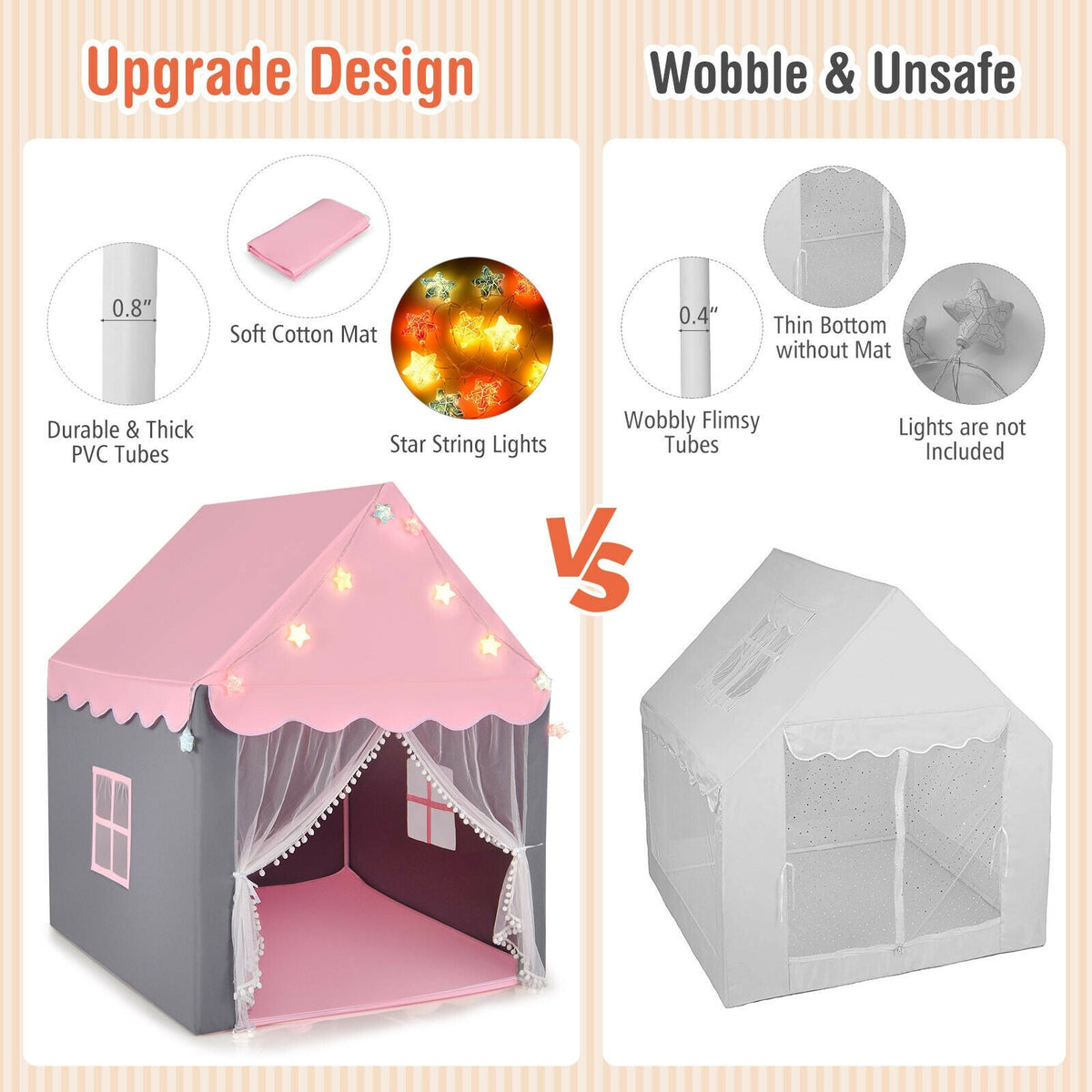 Kids Playhouse Tent with Star Light and Mat-Pink