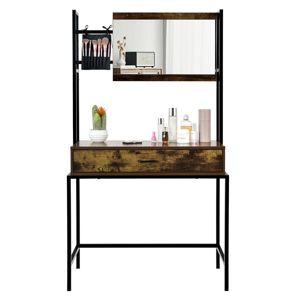 Industrial Vanity Table with 3-Height Adjustable Mirror Bag-Brown