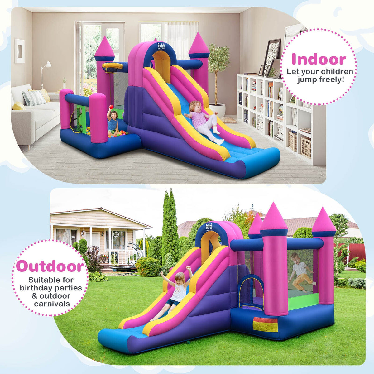 7-in-1 Kids Inflatable Bounce House with Long Slide and 735W Blower