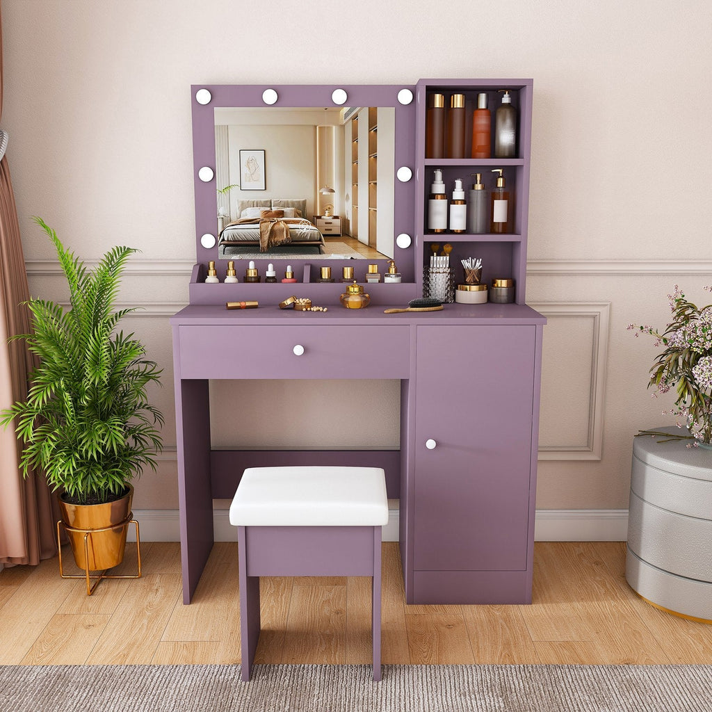 Purple Vanity Desk with Lighted Mirror & Padded Stool