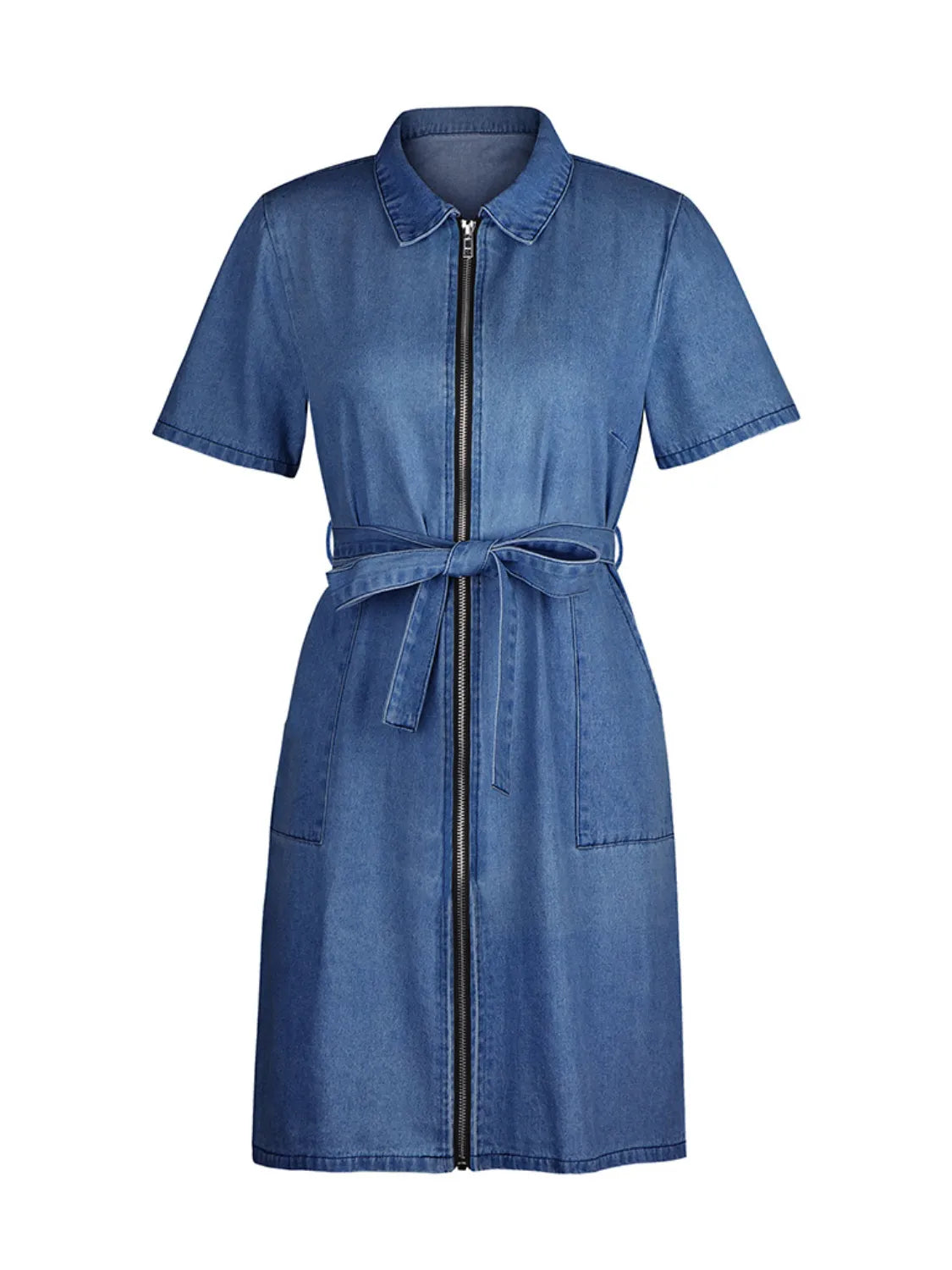 Full Size Zip Front Short Sleeve Denim Dress Plus Size
