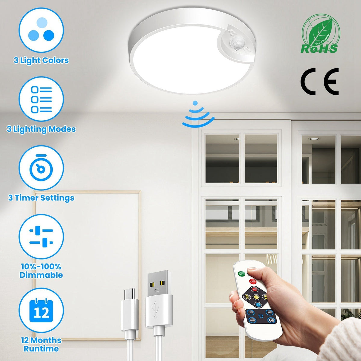 Rechargeable Motion Sensor Ceiling Light Dimmable LED Ceiling Light with Remote Timer 3 Light Colors 3 Modes for Stairs Garage Bathroom