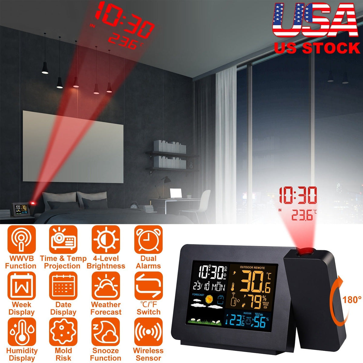 Atomic Projection Alarm Clock Radio Control Clock with WWVB Function Weather Station Dual AlarmsÊSnooze Outdoor Wireless Temperature Humidity Sensor