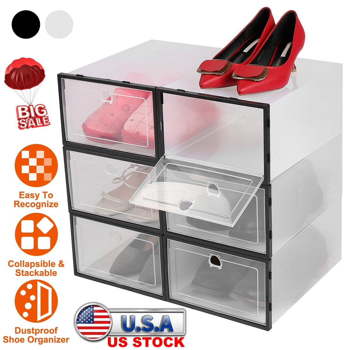 6Pcs Collapsible Shoe Box Stackable Shoe Storage Bin Transparent Dustproof PP Shoe Organizer Container