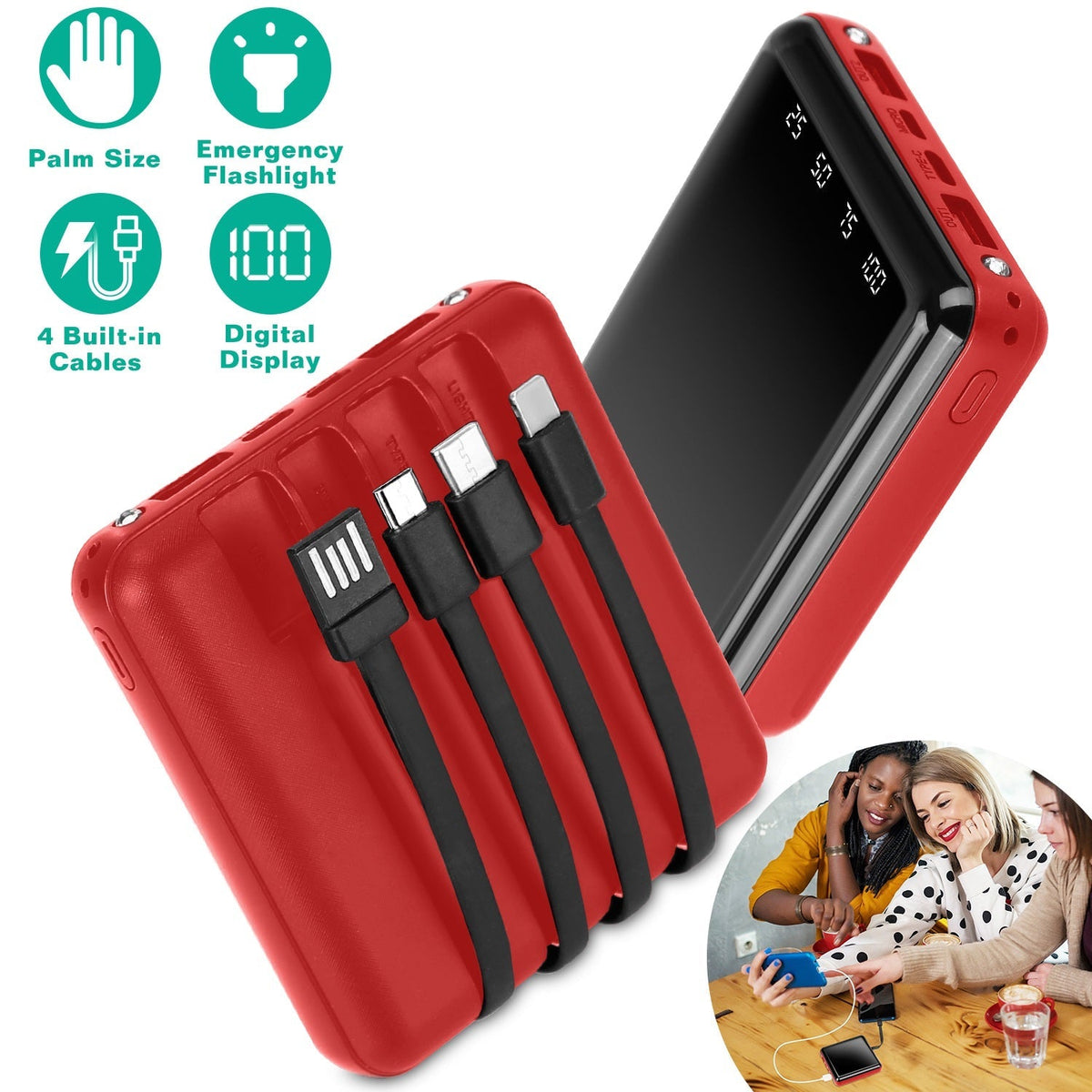 10000mAh Portable Charger Power Bank External Battery Pack w/ 4 Built-in Cables w/ LED Flashlight