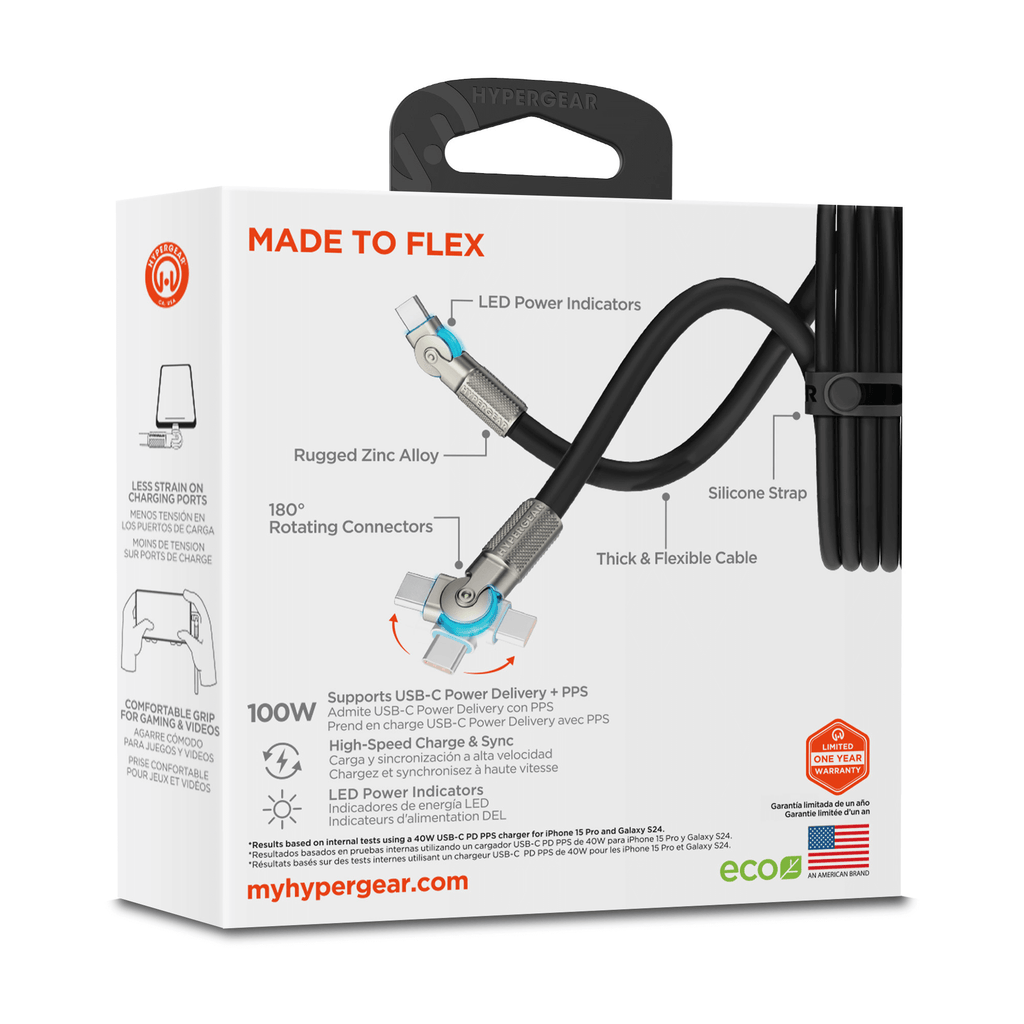 HyperGear Chunky180° 100W USB-C to USB-C Rugged Fast Charge Cable 12ft
