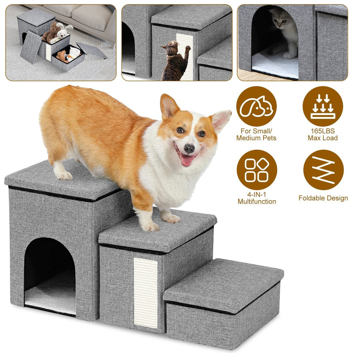 4-in-1 Foldable Pet Stairs with Storage, Scratcher & Pet House