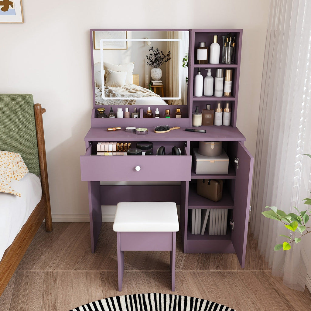 Purple Vanity Desk with Lighted Mirror & Padded Stool