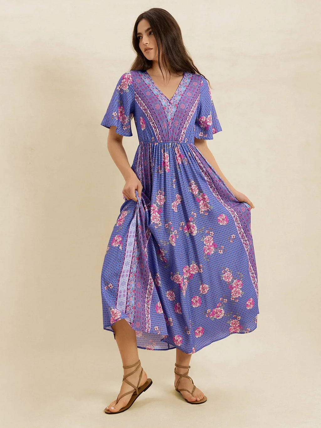 Printed Short Sleeve Midi Dress