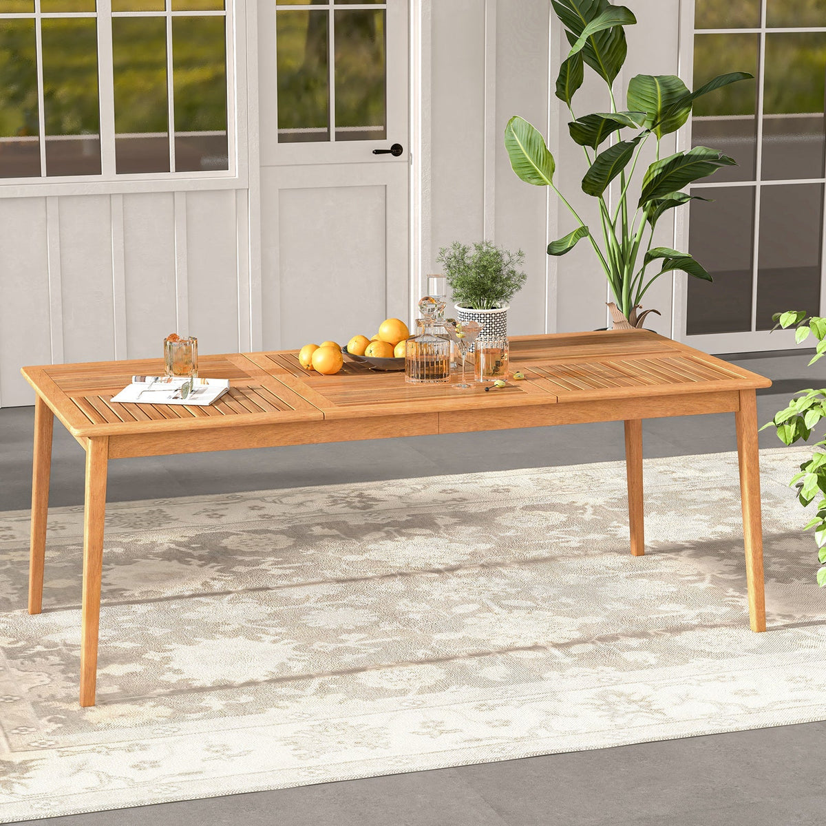 8-Person Outdoor Acacia Wood Dining Rectangular Bistro Table with Umbrella Hole