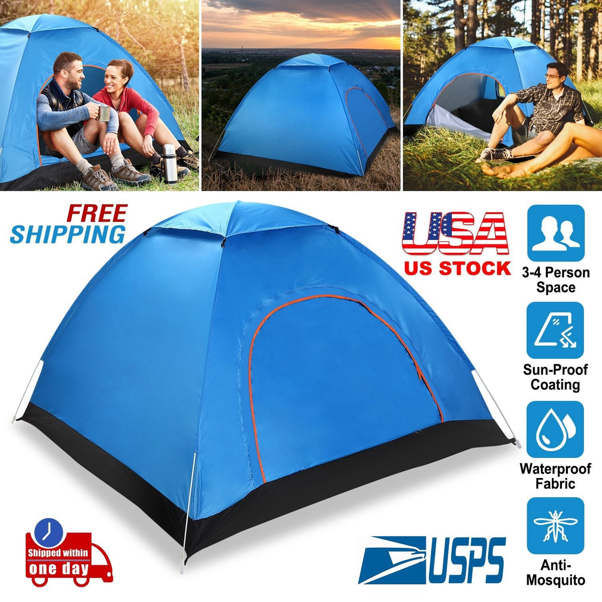 4 Persons Camping Waterproof Tent Pop Up Tent Instant Setup Tent w/2 Mosquito Net Doors Carrying Bag Folding 4 Seasons for Hiking Climbing Adventure F