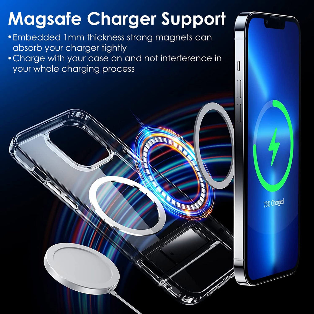 Magnetic Metal Kickstand Clear Case Shockproof Anti Yellowing Phone Cover Compatible with Magsafe Fit for IOS Phone 13 Pro