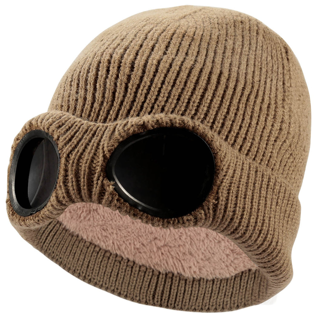 Unisex Knit Beanie Hat with Goggle Chunky Winter Warm Hat Skull Cap 4 Colors