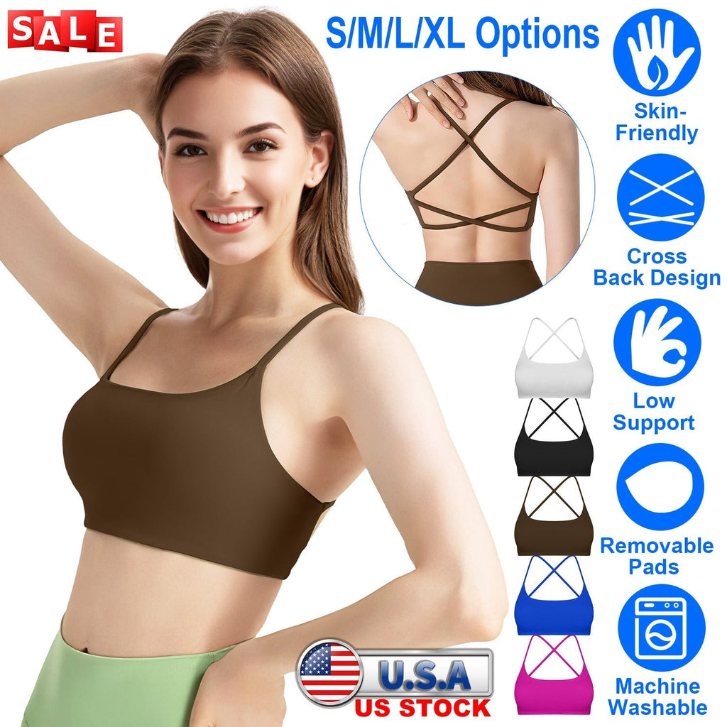 Women Cross Back Sport Bras Padded StrappyÊCrop Open Back Low Impact Bras SexyÊFitnessÊTank Tops with Removable Pads Thin Straps for Gym Yoga Workout