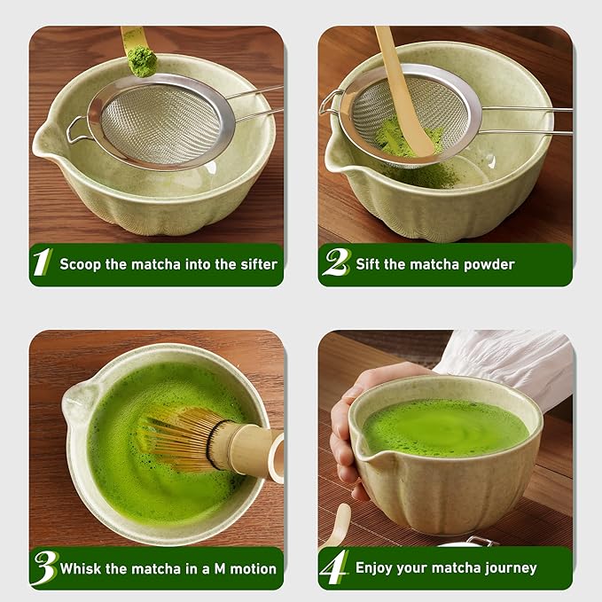 Matcha Whisk Set,7 PCS Ceramic Matcha Kit Includes Matcha Bowl with Spout, Matcha Whisk and Holder, Bamboo Scoop, Stainless Sifter, Towel, Unique Gift for Matcha Lovers (Matcha Green)