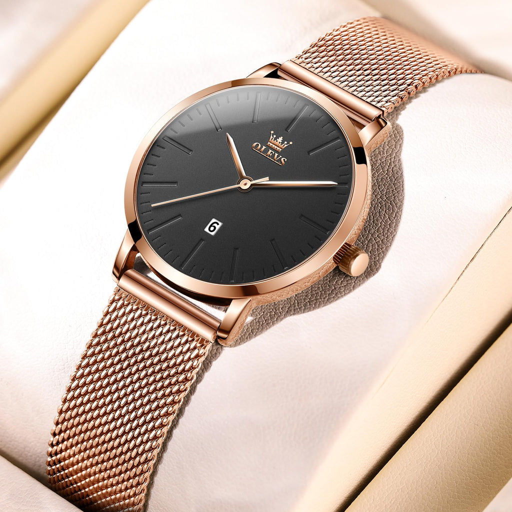 OLEVS Women's Mesh Bracelet Watch, Elegant Large Face Three Hand Analog Quartz Womens Wristwatch, Pretty Slim Date Display Waterproof Ladies Watches for Small Wrists